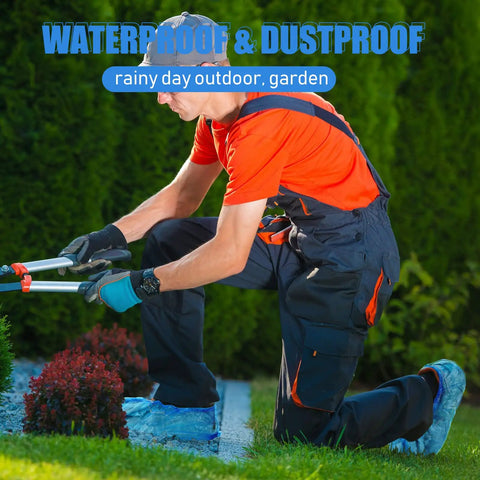 Gardener wearing Stretchable Disposable Shoe Covers Grippy No Slip Booties, blue, outdoor work, waterproof, kneeling on grass