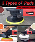 Beast Power Rotary Buffer Polisher With 1200W Motor, showcasing three pad types for auto and boat detailing.