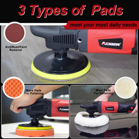 Beast Power Rotary Buffer Polisher With 1200W Motor, showcasing three pad types for auto and boat detailing.