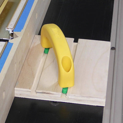 ZeroPlay Miter Bars 2-Pack With MatchFit Jig Handle installed on table saw sled for precise crosscuts and repeatable cuts.