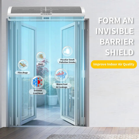 Sixty Inch High Velocity Air Curtain For Doors That Chases Pesky Flies With Straight Up Powerful 1530 Cfm Flow And No Fuss Wall Mount Setup featuring air barrier over open doors.