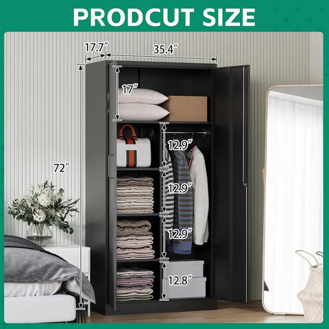 Lockable Steel Storage Cabinet With Locking Door 72 Inch Freestanding Wardrobe Heavy Duty Metal Locker for bedroom use