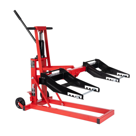 Heavy Duty 750Lb Capacity Hydraulic Riding Lift Jack For Tractors AtVs And Zero Turn Lawn Mowers Adjustable height with safety lock.