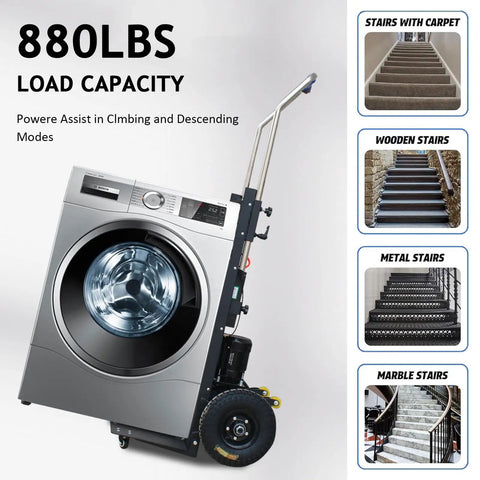 Super Lightweight Electric Stair Climbing Dolly With Mighty 1500W Motor And Massive 880 Lb Load Capacity on stairs showing powerful assist features.