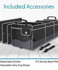 Trunk Organizer With Cooler For Cars, Collapsible Trunk Storage Container With Non Slip Bottom Strips shown with accessories