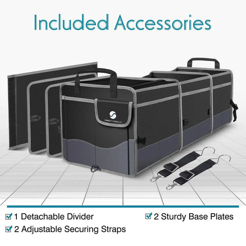 Trunk Organizer With Cooler For Cars, Collapsible Trunk Storage Container With Non Slip Bottom Strips shown with accessories