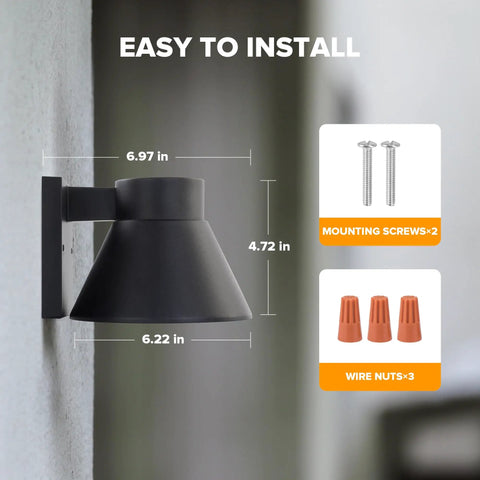 Two Pack Black LED Outdoor Wall Lights for Porch and Patio, Weatherproof Exterior Sconces with Rust Resistant Aluminum, dimensions shown.