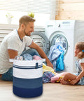 Oversized Cotton Rope Laundry Hamper Tall Stand Up Basket For Nursery Storage, shown in laundry room with dad and child.