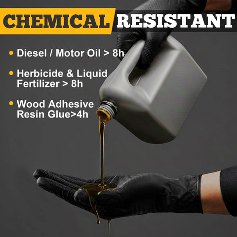 Front view of black nitrile gloves with raised diamond texture being worn as liquid pours from a gray jug