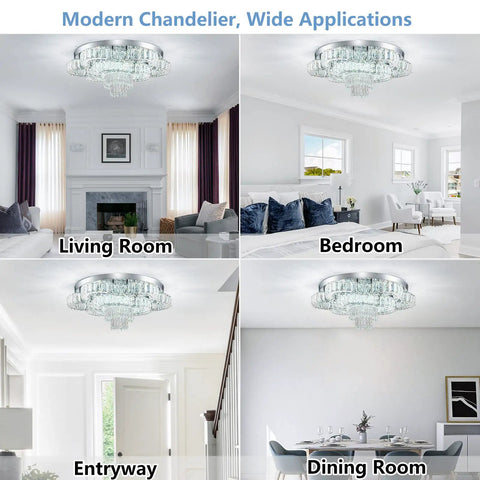 21 Inch Crystal LED Flush Mount Chandelier With K9 Crystals And Polished Stainless Steel Showstopper Glow For Living Room Dining Room Bedroom Bathroom Or Entryway In Cool White shown in different rooms