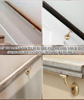 Premium Grade Six Foot Red Oak Handrail Kit With Rock Solid Brass 90 Degree Arms And No Sweat Wall Mount Setup Plus Complete Hardware For Quick Indoor Stair Renovations showing various color finishes and brass brackets.