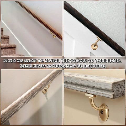 Premium Grade Six Foot Red Oak Handrail Kit With Rock Solid Brass 90 Degree Arms And No Sweat Wall Mount Setup Plus Complete Hardware For Quick Indoor Stair Renovations showing various color finishes and brass brackets.