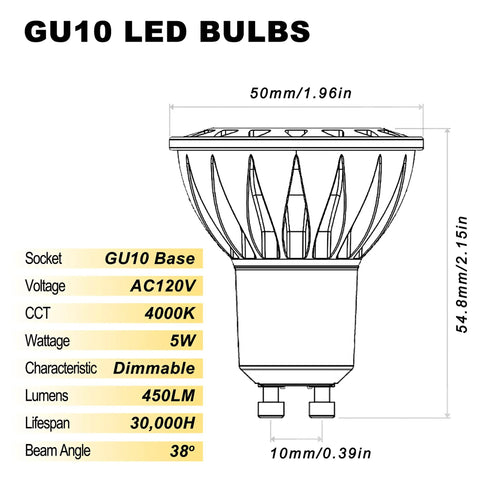 Technical diagram of Dimmable GU10 LED Bulbs 5W 450 Lumens 4000K Natural White Easy Install 38 Degree Beam AC120V.