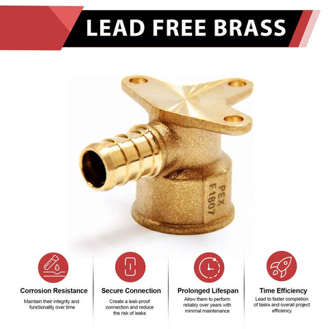 Ten Pack PEX Drop Ear Elbow Brass Crimp Fitting One Half Inch Female NPT Heavy Duty Lead Free Brass Hot Forged with text features