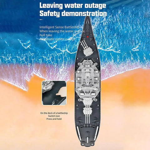 Beefed-Up RC Warship Battle Boat For Lakes And Rivers top view showing deck details, waterproof features, and safety instructions