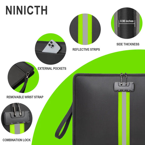 Fireproof Document Bag With Lock That Keeps Your Stuff Safe For Cash And Valuables, detail view showing reflective strips and lock
