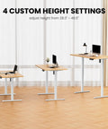 Electric Standing Desk Frame With Four Memory Height Settings For Sit Stand Comfort, Fully Customizable Workstation, Height Range 28.3 To 46.5 Inches, White Frame Only shown at different height settings with office items on wooden desktop.