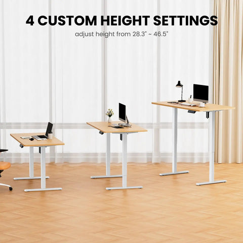 Electric Standing Desk Frame With Four Memory Height Settings For Sit Stand Comfort, Fully Customizable Workstation, Height Range 28.3 To 46.5 Inches, White Frame Only shown at different height settings with office items on wooden desktop.