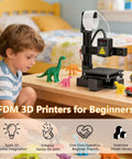Child learning with No Fuss Starter Frequency Division Multiplexing 3D Printer For Beginners, compact 100x100x100 mm build.