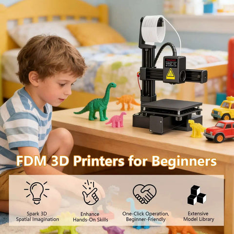 Child learning with No Fuss Starter Frequency Division Multiplexing 3D Printer For Beginners, compact 100x100x100 mm build.