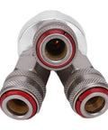 Heavy Duty 3 Way Quick Coupler For Air Tools And Pneumatic Systems With Chrome Plated Finish G One Quarter Inch Thread Carbon Steel Close Up