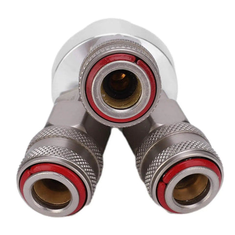 Heavy Duty 3 Way Quick Coupler For Air Tools And Pneumatic Systems With Chrome Plated Finish G One Quarter Inch Thread Carbon Steel Close Up