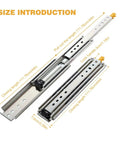 Heavy Duty 44 Inch Side Mount Full Extension Drawer Slides 1 Pair Rock Solid Steel Slide showing size dimensions and locking mechanism.