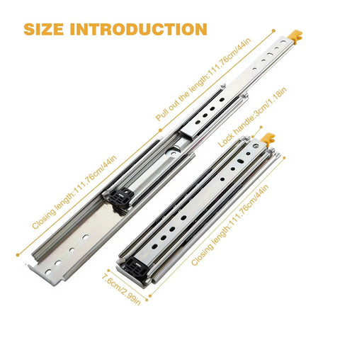 Heavy Duty 44 Inch Side Mount Full Extension Drawer Slides 1 Pair Rock Solid Steel Slide showing size dimensions and locking mechanism.