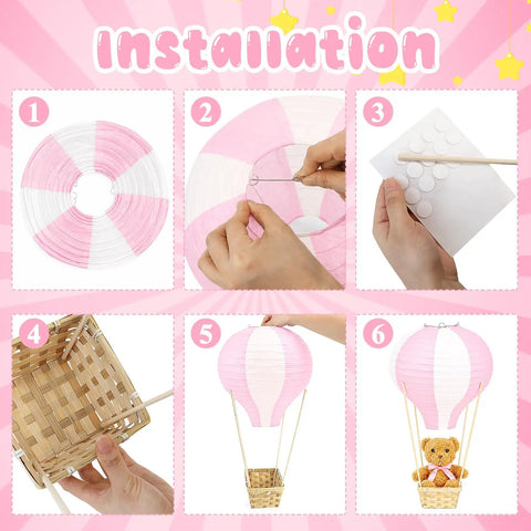 Installation steps for Bear Themed Hot Air Balloon Centerpiece Kit For Baby Shower And Gender Reveal With 6 Pink Paper Lanterns
