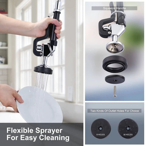 Pro Grade Commercial Kitchen Faucet With Pre Rinse Sprayer Wall Mount Eight Inch Center Nine Point Six Inch Swing Add On Spout Twenty Five Inch Height Pull Down Spray For Busy Prep Stations shown in use with flexible spray head and outlet options.