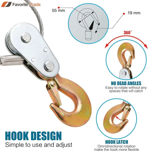 Heavy Duty Come Along Winch With 5 Ton Capacity And 10 ft Steel Cable Three Hooks Dual Gear System hook design illustration.