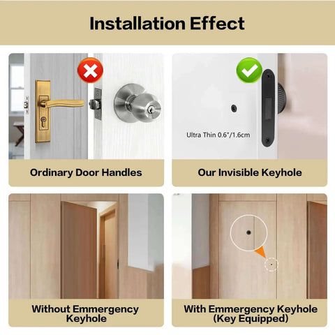 Comparison of ordinary door handles vs Two Pack Invisible Minimalist Door Lock With A Single Sided Black Round Handle Hidden Design