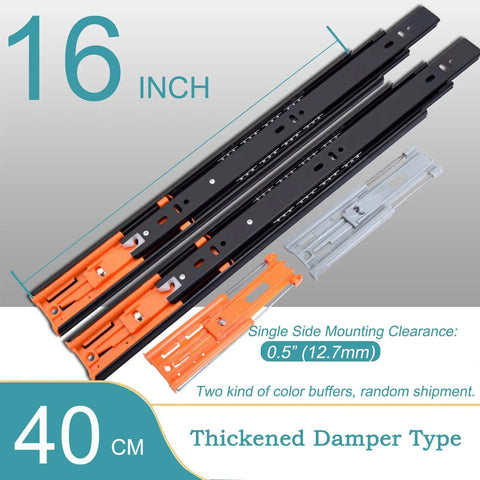 16 Inch Soft Close Drawer Slides With 100Lb Capacity, orange and grey buffers, heavy duty, full extension ball bearing slides