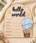 Hot Air Balloon Arch Birth Announcement Sign With 3D Hello World Text And Safari Animal Passengers Baby Name Plaque