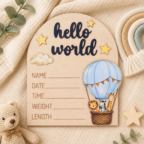 Hot Air Balloon Arch Birth Announcement Sign With 3D Hello World Text And Safari Animal Passengers Baby Name Plaque