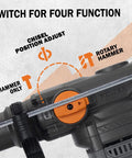 Close-up of Heavy Duty Variable Speed Rotary Hammer Drill showcasing the 4-function switch with options for chisel and rotary functions.