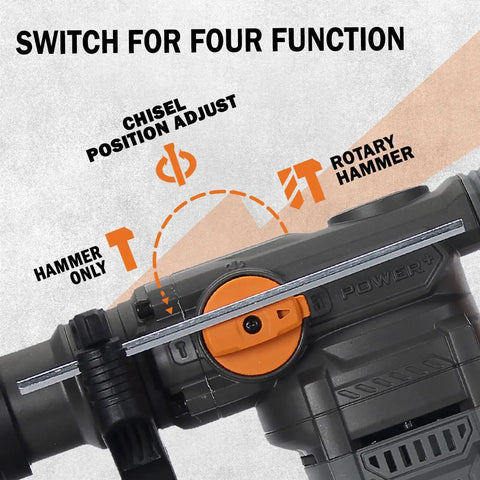 Close-up of Heavy Duty Variable Speed Rotary Hammer Drill showcasing the 4-function switch with options for chisel and rotary functions.
