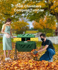 Dual Chamber 43 Gallon Compost Tumbler Bin With Aeration Paddles For Faster Smell Free Backyard Composting Bundled With Pearsons Gardening Gloves For Easy Mess Free Setup In Any Yard in a backyard setting with people using it.