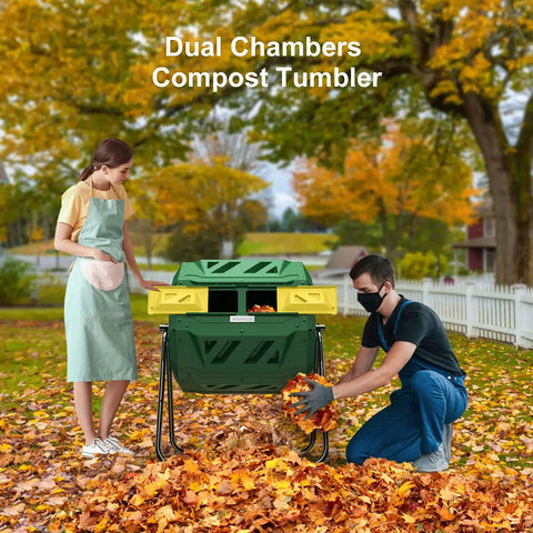 Dual Chamber 43 Gallon Compost Tumbler Bin With Aeration Paddles For Faster Smell Free Backyard Composting Bundled With Pearsons Gardening Gloves For Easy Mess Free Setup In Any Yard in a backyard setting with people using it.