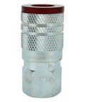 M Style Red Pneumatic Couplers For Air Lines One Quarter Inch NPT Female Quick Connects, close-up view of a single coupler