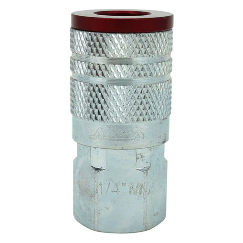 M Style Red Pneumatic Couplers For Air Lines One Quarter Inch NPT Female Quick Connects, close-up view of a single coupler