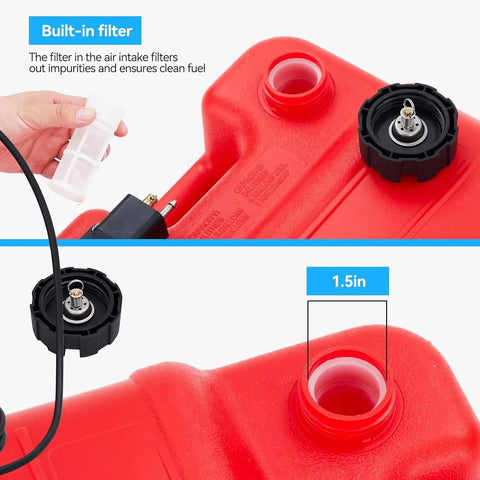 Portable 6 Gallon 24L Marine Fuel Tank With 9.8 Foot Hose showing built-in filter and dual venting cap system