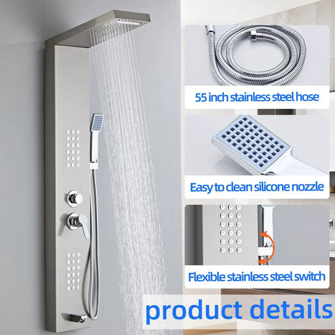 5 In 1 Shower Panel Tower With Powerful Rainfall Head And Body Massage Jet Plus Tub Spout And Handheld Sprayer Crafted From Brushed Gray 304 Stainless Steel Legit Luxury That Builds Differently For Daily Spa Vibes