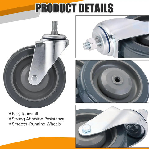 Smooth Operator Four Pack Shopping Cart Replacement Wheels Five Inch Polyurethane Casters with mounting nuts close-up showing durable wheel design.