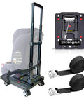 Front view of car seat travel cart with black frame and tall handle; gray car seat mounted; includes two straps