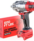 Pro Level Cordless Impact Wrench 3 8 Inch, 600 ft-lbs torque, brushless motor, compact red design with box.