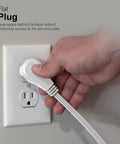 Heavy Duty Three Outlet Flat Extension Cord 3 Feet Long Grounded Power Cable With Secure Three Prong Plugs being plugged in.