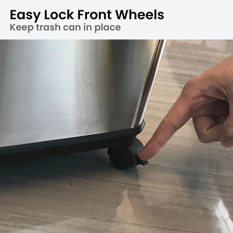 Person demonstrating locking feature on set of four caster wheels for glide trash cans and garbage bins with wheels.