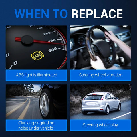 Signs to replace front wheel hub: ABS light on, steering vibration, noise under vehicle, steering wheel play.