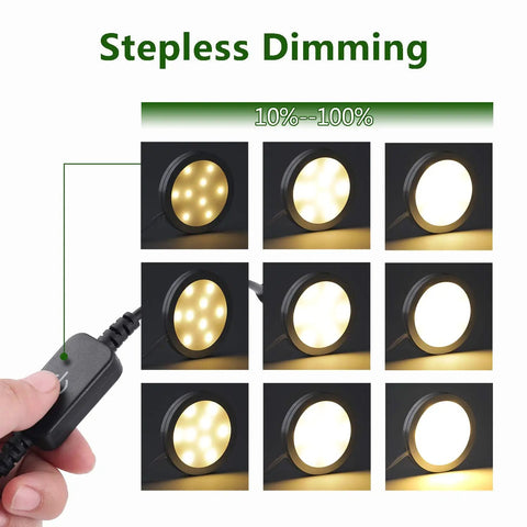 Stepless dimming demonstration of LED Under Cabinet Puck Lights Kit With Touch Dimming, showcasing brightness levels from 10% to 100%.